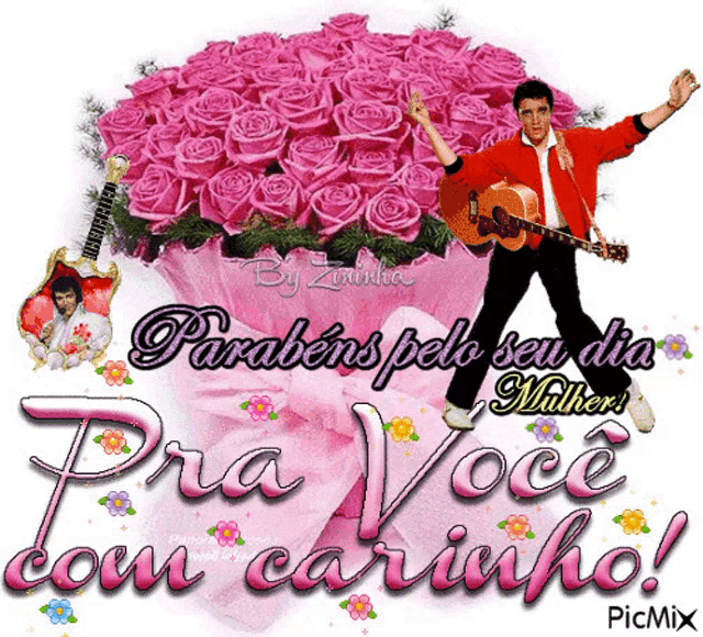 a man is holding a guitar in front of a bunch of pink roses