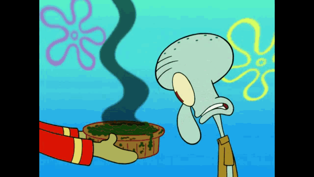 a cartoon of squidward from spongebob squarepants looking at a bowl of food