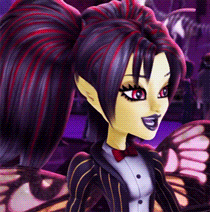 a cartoon character with purple and red hair is wearing a tuxedo