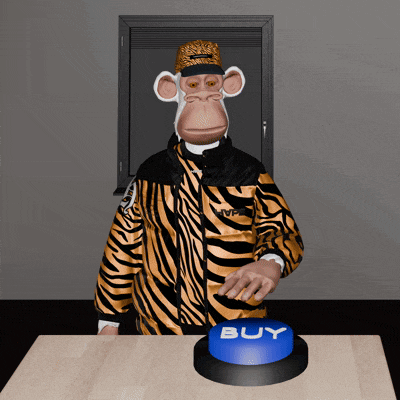 a monkey wearing a tiger print jacket is pressing a blue buy button