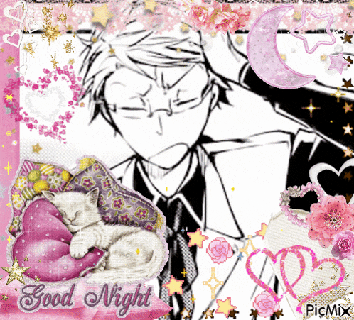 a picture of a man with a cat sleeping on a pillow with the words good night