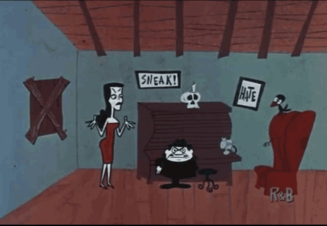 a woman in a red dress stands in a room with a piano and a sign that says sneak and hate