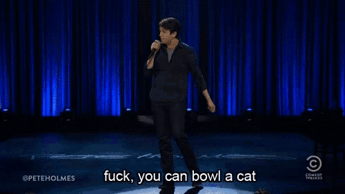 a man stands on a stage holding a microphone and saying " fuck you can bowl a cat "