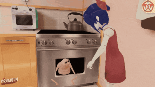 a computer generated image of a girl in a kitchen with the words crymory on the bottom right