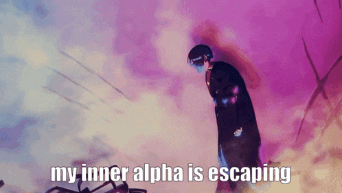 a man in a suit stands in front of a purple sky with the words my inner alpha is escaping