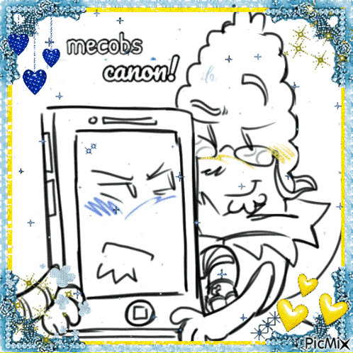 a black and white drawing of a man holding a cell phone with the words mecobs canon written on it