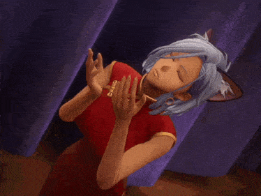 a cartoon character with white hair and a red dress