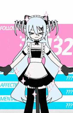 a girl in a maid outfit is standing in front of a sign with the number 32 on it