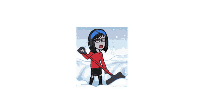 a cartoon woman is shoveling snow with a red shovel