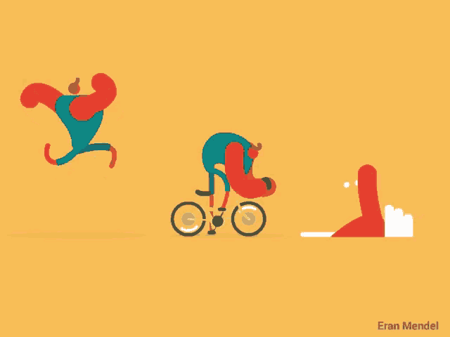 a cartoon drawing of a man riding a bike and a man running