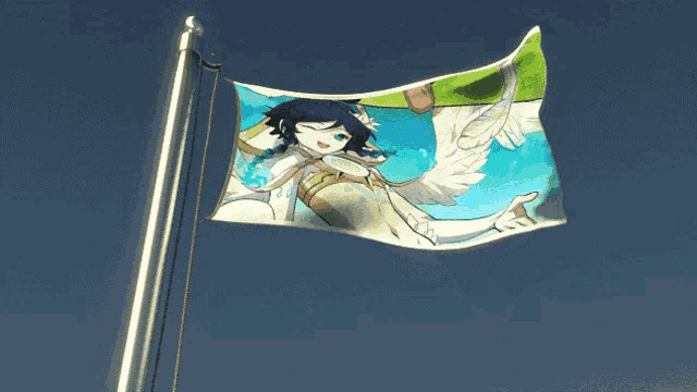 a flag with a picture of a boy with wings on it