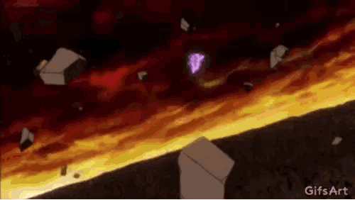 a purple object is flying through the air in front of a fireball .