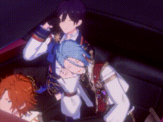 a group of anime characters are standing next to each other in a car .