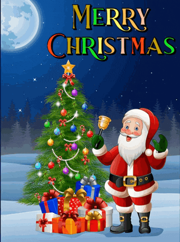 a merry christmas card with santa claus holding a bell in front of a christmas tree
