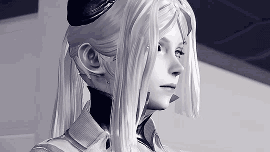 a black and white drawing of a woman with long white hair