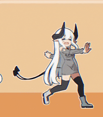 a girl with horns and a tail is standing next to a white ball