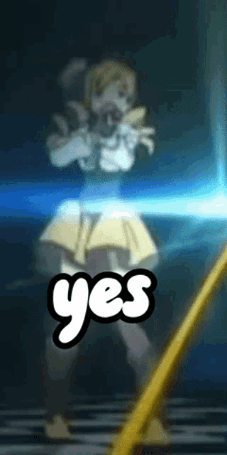 a girl in a yellow skirt is holding a gun and the word yes is above her