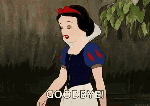 snow white from snow white and the seven dwarfs is walking and saying goodbye .