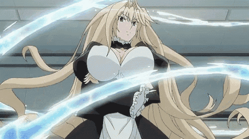 a woman with long blonde hair is holding a sword in her hand