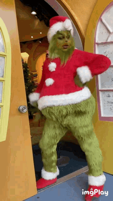 a person in a grinch costume is standing in front of a door .