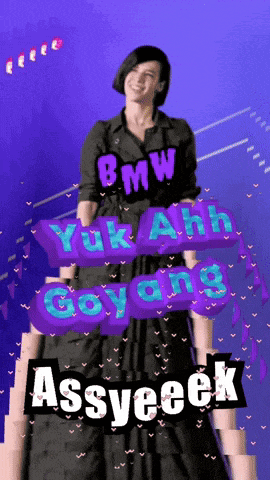 a woman in a black dress is standing in front of a sign that says bmw yuk ahh goyang assyeeek
