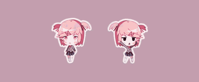 two stickers of a girl with pink hair and red eyes