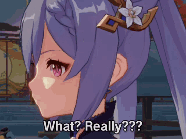 a cartoon girl with purple hair and a flower in her hair says " what really "