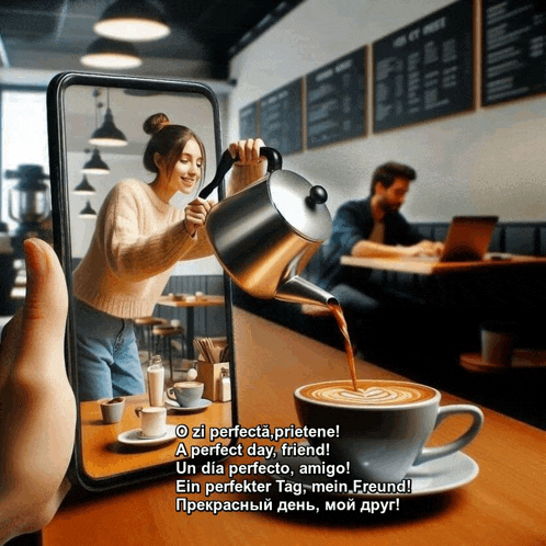 a phone screen shows a woman pouring coffee into a cup with a heart on it
