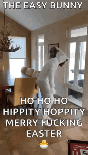 a man in a bunny costume is jumping in a living room .
