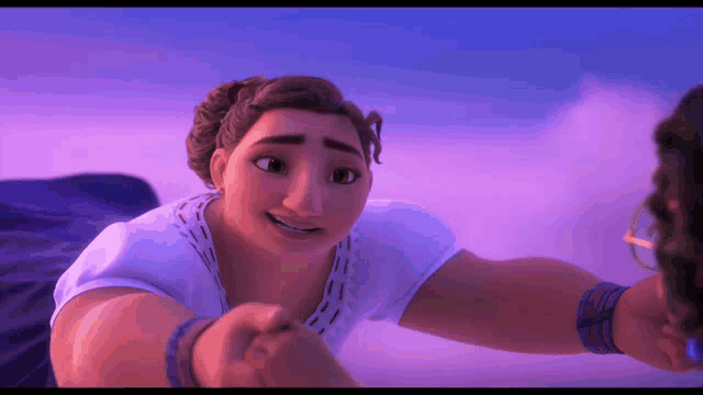 a cartoon character is holding the hand of another character