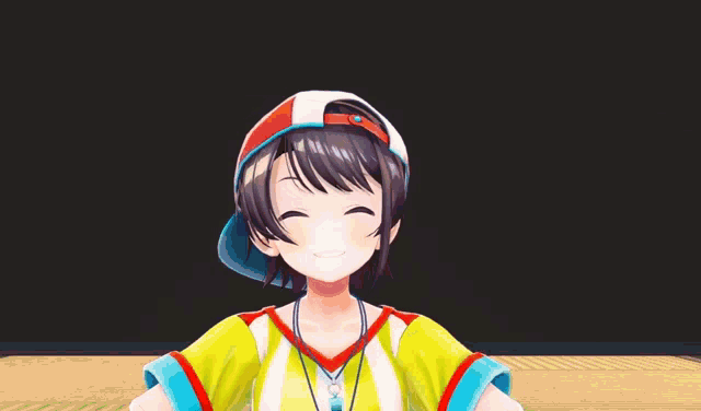 a 3d anime girl is standing with her arms in the air and smiling .