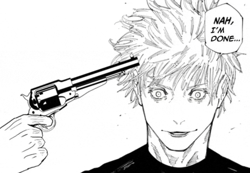 a black and white drawing of a person holding a gun to their head and the words nah i 'm done
