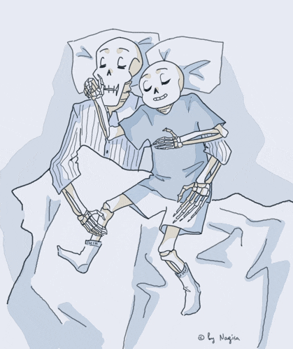 a drawing of two skeletons hugging each other with the watermark by naojin on the bottom