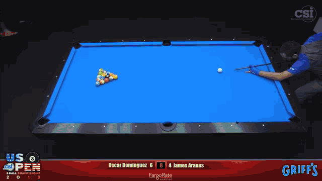 a pool table with oscar dominguez and james aranas playing