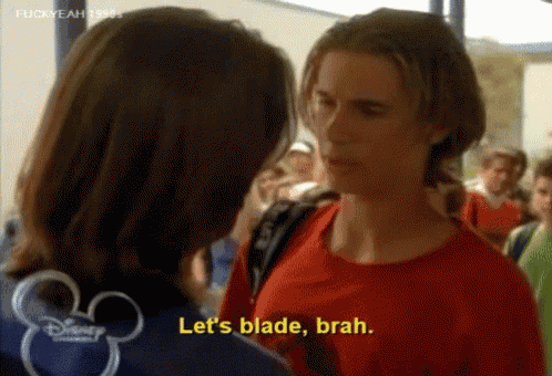 a man in a red shirt says let 's blade brah while talking to a woman