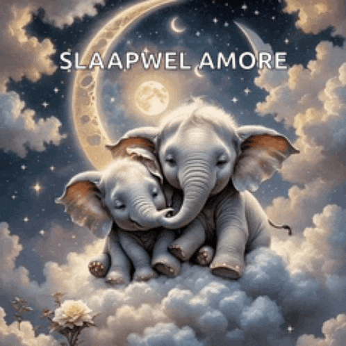 two baby elephants are sitting on a cloud in front of a crescent moon with slaapwel amore written below them