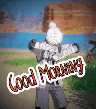a sticker that says good morning with a person in a video game