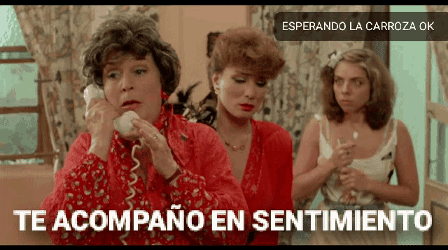 a woman talking on a phone with the words te acompaño en sentimiento written below her