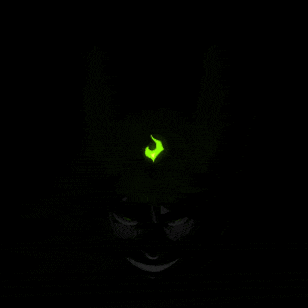a drawing of a person 's face with green eyes and a green glowing object on their head