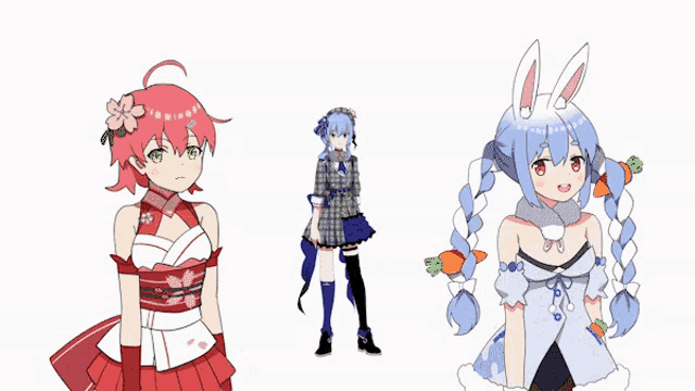 three anime girls are standing next to each other and one has a flower on her head