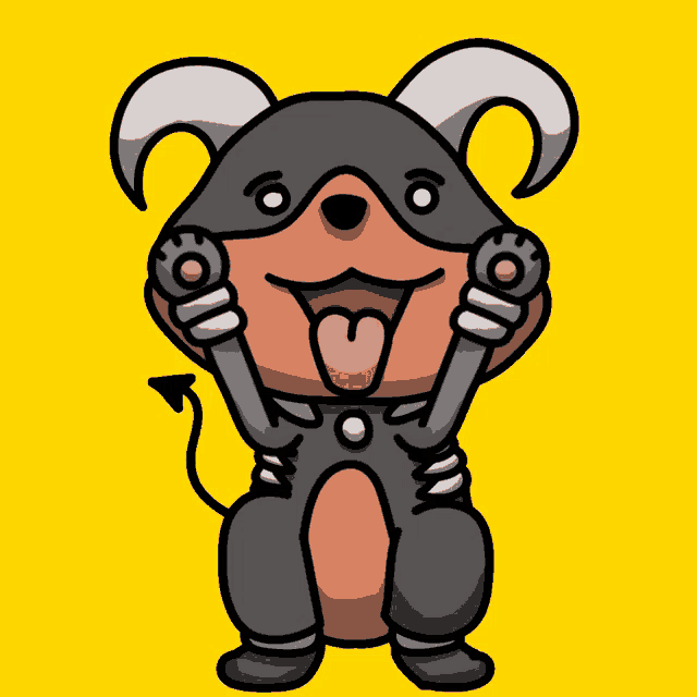 a cartoon drawing of a dog with horns and a tail sticking its tongue out