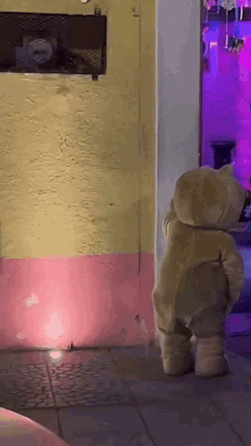 a teddy bear is standing in front of a pink wall
