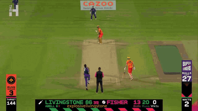 a cricket player wearing a butterkist jersey celebrates a wicket