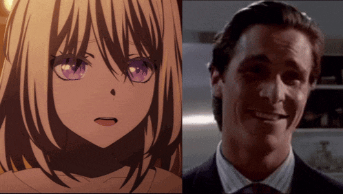 a woman with purple eyes is next to a man in a suit and tie
