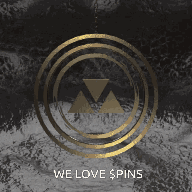 a gold circle with a triangle in it and the words we love $ pins below it