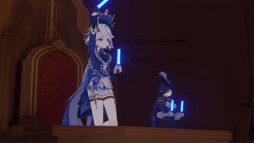 a cartoon character holding a blue light stick in her hand