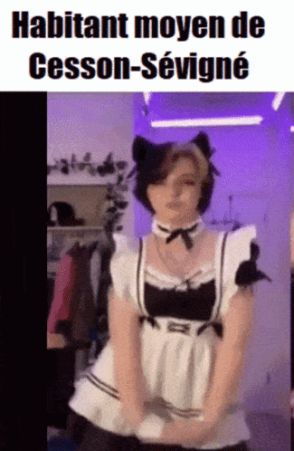a woman in a maid costume is dancing in a room with purple lights behind her