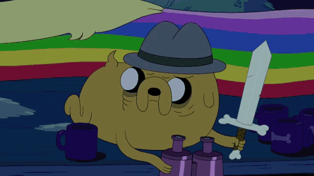 a cartoon character holding a sword in front of a rainbow background