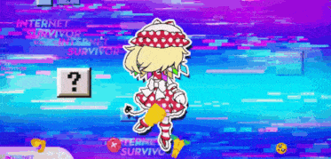 a cartoon character is standing in front of a screen that says internet survivor on it