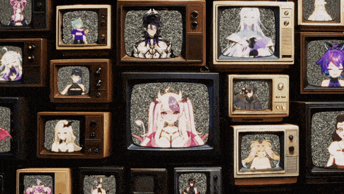 a wall of old televisions with anime characters on them